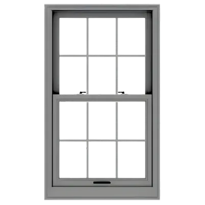 Gray hung window with a six-over-six grille pattern on the upper and lower sash