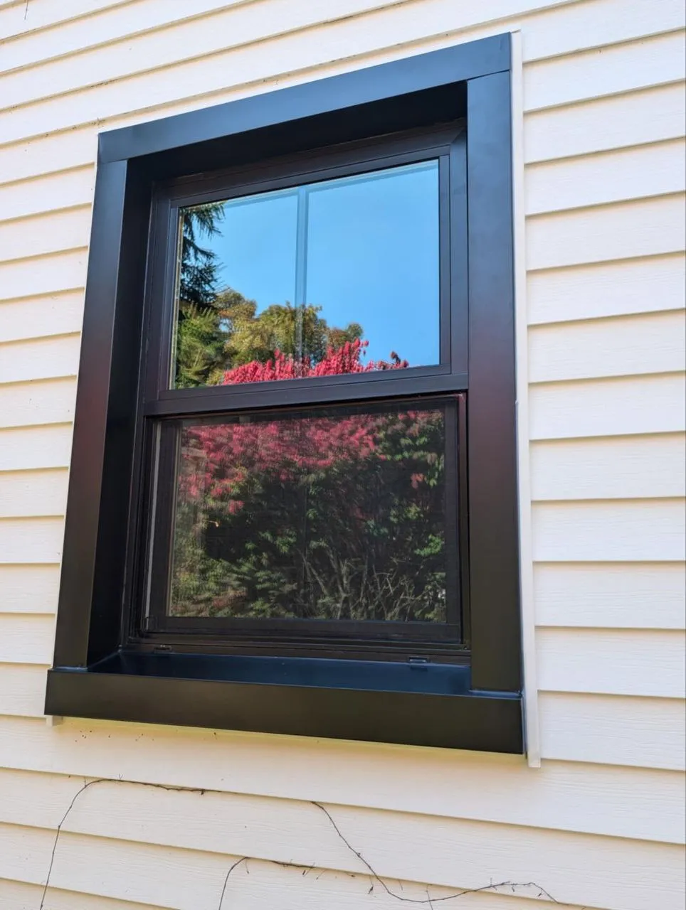 Black double-hung: On white lap siding. Installed by HomeTrust Windows & Doors.
