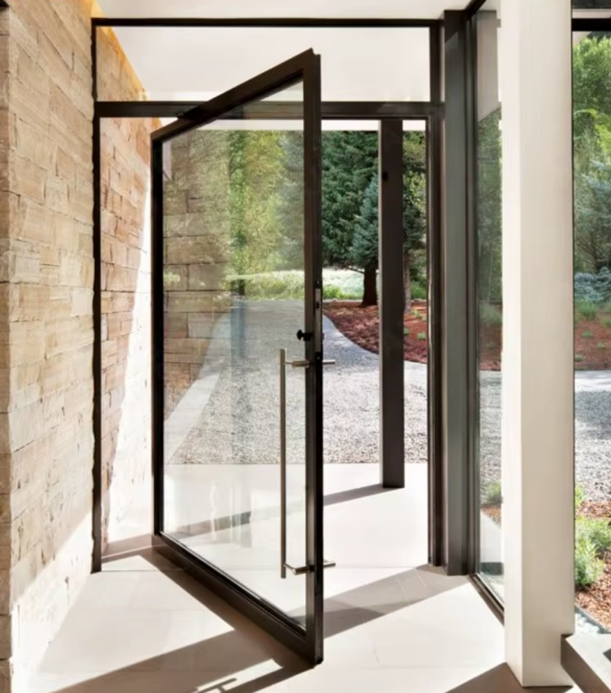 Modern glass pivot doors entrance