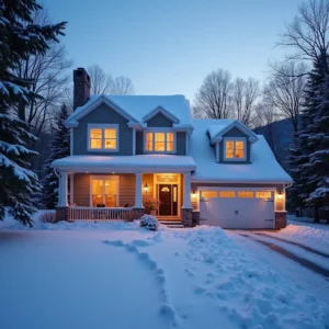 Snow covered two story Pennsylvania home at dusk with warm light through modern double hung replacement windows