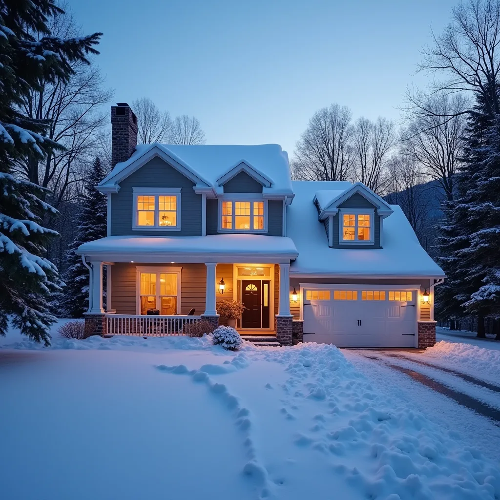Pocono Winter Windows: Is Your Home Ready? Snow covered two story pennsylvania home at dusk with warm light through modern double hung replacement windows