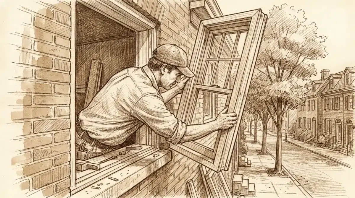Pencil sketch of an installer fitting a new double-hung replacement window into a historic brick home on a tree-lined West Chester street