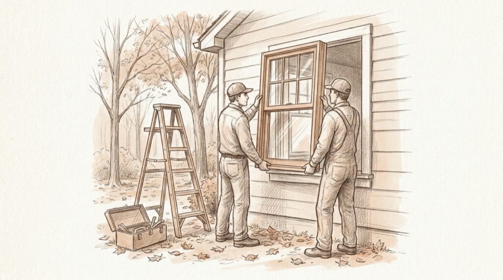 Pencil illustration of two installers fitting a new double-hung window into a Pennsylvania home on an autumn day