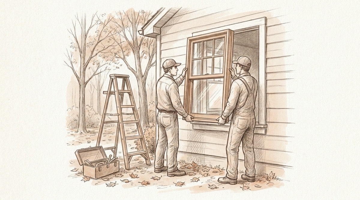 Pencil illustration of two installers fitting a new double-hung window into a Pennsylvania home on an autumn day
